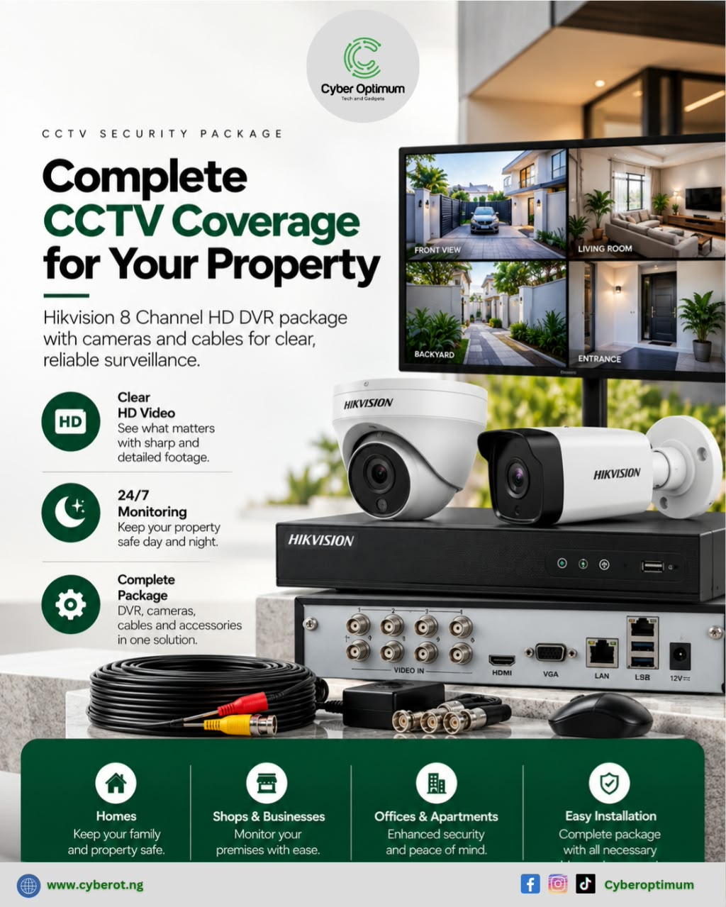 HIKVision HD DVR 8 channel + Camera+ Cable